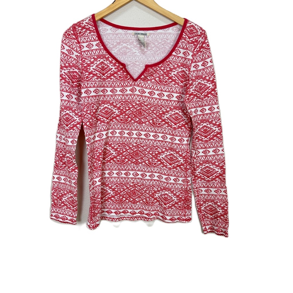 Lucky Brand Y2K Thermal Fair Isle Cotton Top Red White Women’s Large NWOT